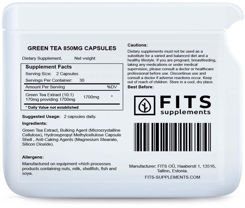 Zaļās tējas ekstrakts 850 mg kapsulas
