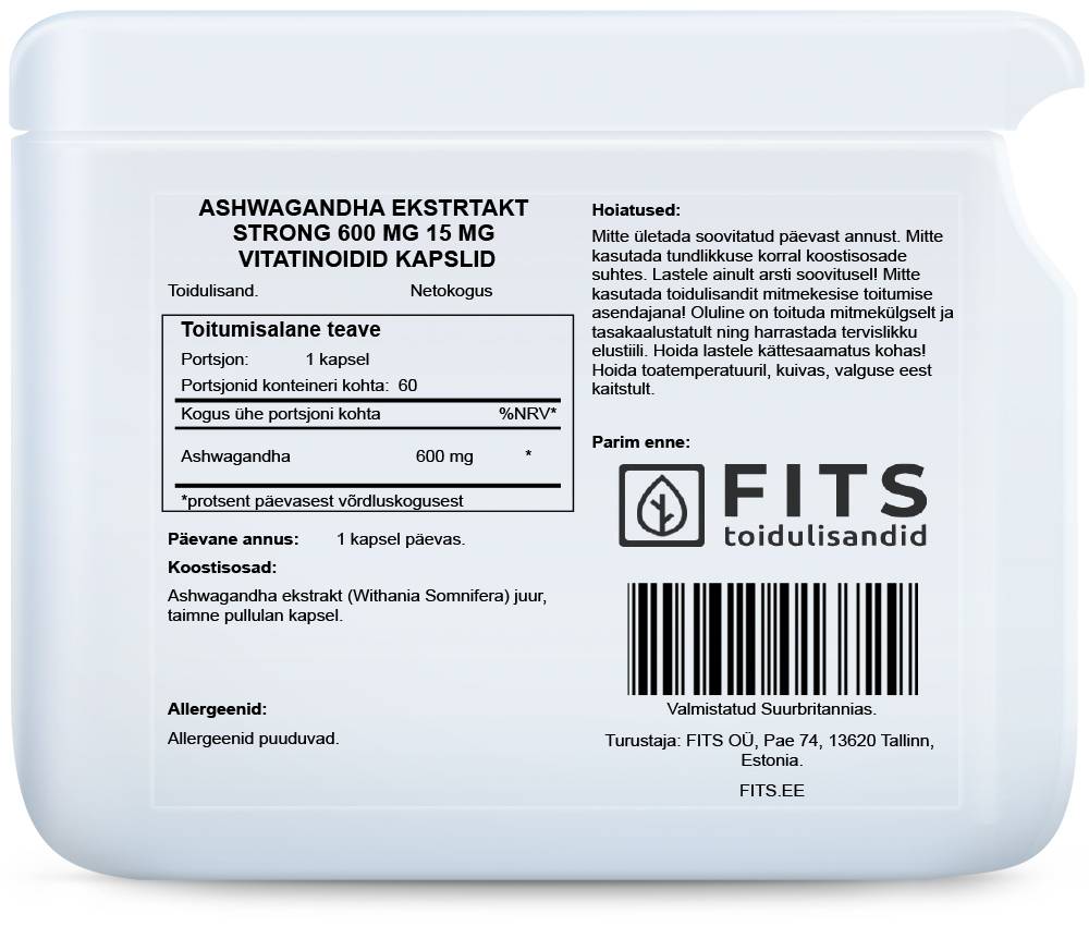 Ashwagandha Extract Strong 600mg 15mg vitatinoids 60 capsules